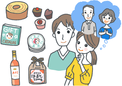 両親への出産内祝いを考える夫婦 両親への出産内祝いを考える夫婦