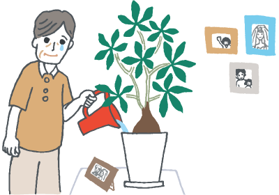 プレゼントの鉢植えに水やりをするお父さんのイラスト プレゼントの鉢植えに水やりをするお父さんのイラスト