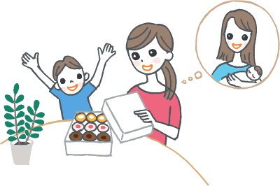 ママ友からの出産内祝いに喜ぶ親子のイラスト ママ友からの出産内祝いに喜ぶ親子のイラスト