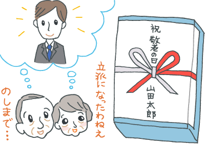 熨斗のかかった贈り物をみて「熨斗までつけて……立派になったなぁ」と喜ぶ祖父母 熨斗のかかった贈り物をみて「熨斗までつけて……立派になったなぁ」と喜ぶ祖父母