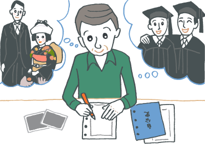 自分史キットに書き込もうとしている還暦の父 自分史キットに書き込もうとしている還暦の父