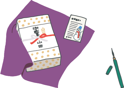 風呂敷に乗ったお歳暮と挨拶状イラスト 風呂敷に乗ったお歳暮と挨拶状イラスト
