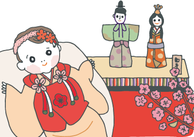 おひなさまを背景に、お祝い着を着た赤ちゃんの記念写真 おひなさまを背景に、お祝い着を着た赤ちゃんの記念写真