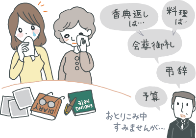 遺品を見ながら呆然としている遺族に「あれも決めないと…」と声をかける葬祭業者 遺品を見ながら呆然としている遺族に「あれも決めないと…」と声をかける葬祭業者