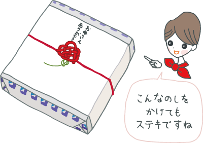 カーネーション型の水引が付き「おかあさんありがとう」と入った今風ののしがかかっている贈りもの カーネーション型の水引が付き「おかあさんありがとう」と入った今風ののしがかかっている贈りもの