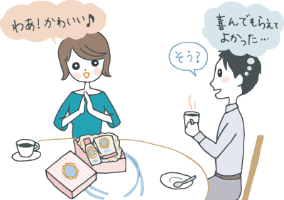 プレゼントをもらって喜んでいる女性と、ホッとしている男性 プレゼントをもらって喜んでいる女性と、ホッとしている男性