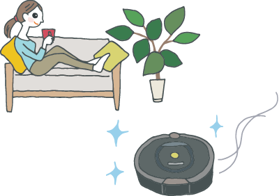 一人暮らしの部屋でくつろぐ女性の前で、プレゼントにもらったロボット掃除機が掃除をしている。 一人暮らしの部屋でくつろぐ女性の前で、プレゼントにもらったロボット掃除機が掃除をしている。