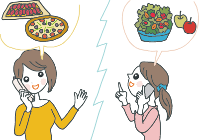 電話で手土産のリクエストを聞くゲスト。電話の向こうで「ピザをメインにする」と話しているホストに対して、ゲストは「じゃあサラダを多めに持っていくね」と提案している。 電話で手土産のリクエストを聞くゲスト。電話の向こうで「ピザをメインにする」と話しているホストに対して、ゲストは「じゃあサラダを多めに持っていくね」と提案している。