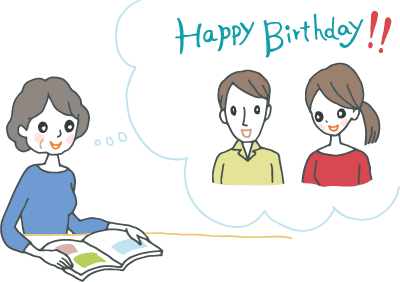 Happy Birthday!!と言っている息子夫婦の顔を思い浮かべながら、カタログギフトを眺めてニコニコしている年配の女性 Happy Birthday!!と言っている息子夫婦の顔を思い浮かべながら、カタログギフトを眺めてニコニコしている年配の女性