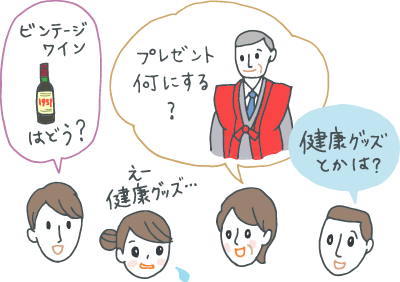 還暦を迎えた上司へのプレゼントをどうするか、オフィス内で意見を出し合っている男女4人 還暦を迎えた上司へのプレゼントをどうするか、オフィス内で意見を出し合っている男女4人