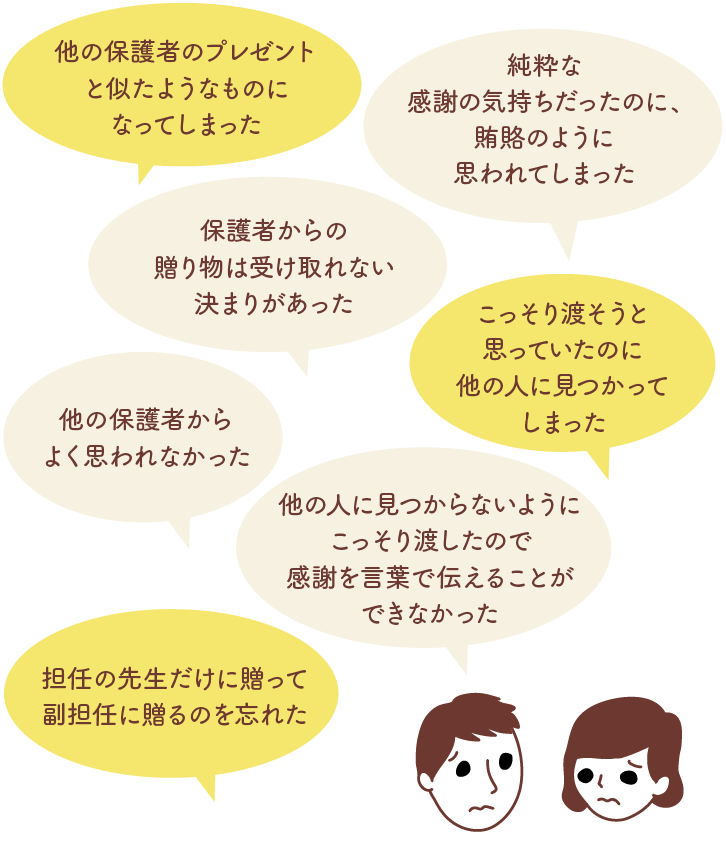 イラスト:先生への卒業プレゼントの失敗エピソード一覧 イラスト:先生への卒業プレゼントの失敗エピソード一覧