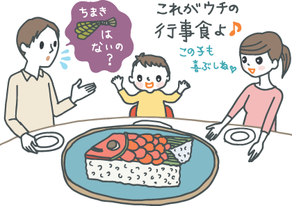 イラスト：こいのぼり型の押しずしを前にした親子3人家族。父親が「ちまきは？」と聞くと、母親が「これがうちの行事食よ♪