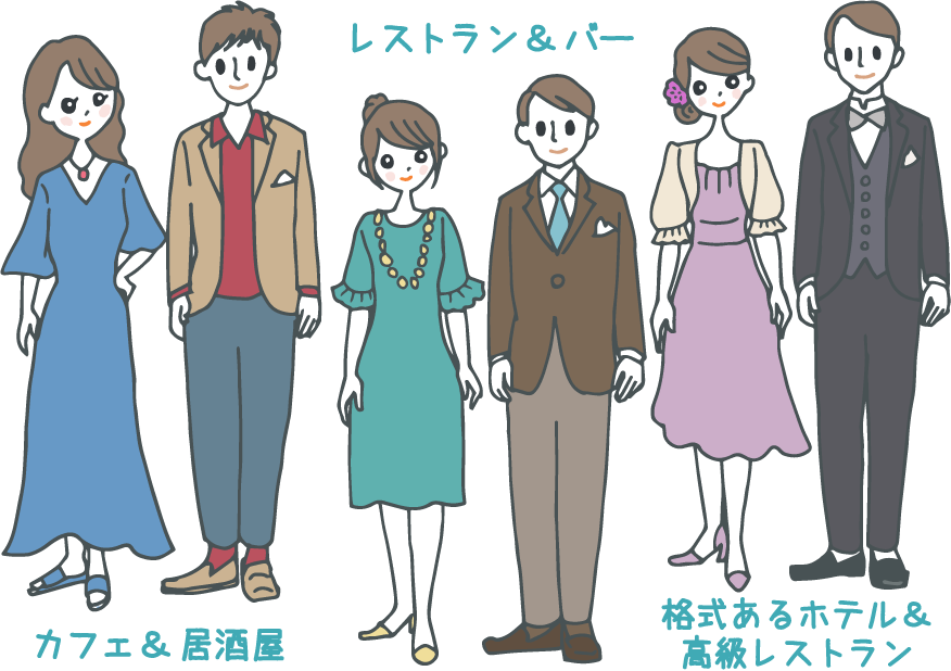 イラスト:シーン別・男女別・二次会の服装イメージ イラスト:シーン別・男女別・二次会の服装イメージ