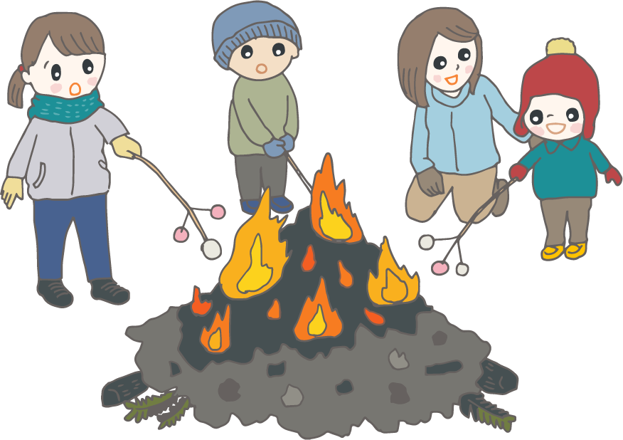 イラスト:どんと焼きで子どもがお餅(まゆ玉)を焼いている様子 イラスト:どんと焼きで子どもがお餅(まゆ玉)を焼いている様子