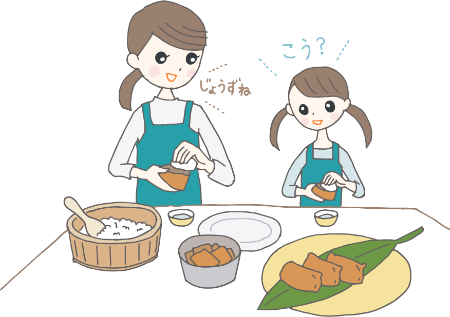 イラスト:いなり寿司を一緒に作っている母娘