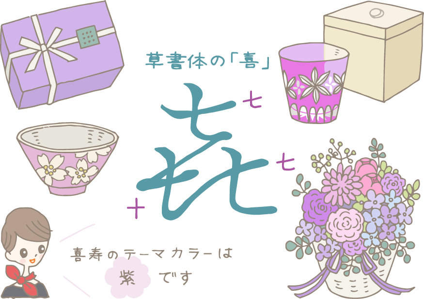 イラスト:中央に草書体の「喜」の文字、周りには、左上から時計回りに、紫色の包装紙でラッピングされたギフト、桐箱の手前に置かれた赤紫の切り子のグラス、紫系の花がいろいろ入ったフラワーアレンジメント、桜模様の入った藤紫色の飯茶碗。コンシェルジュが「喜寿のテーマカラーは紫です」と解説。