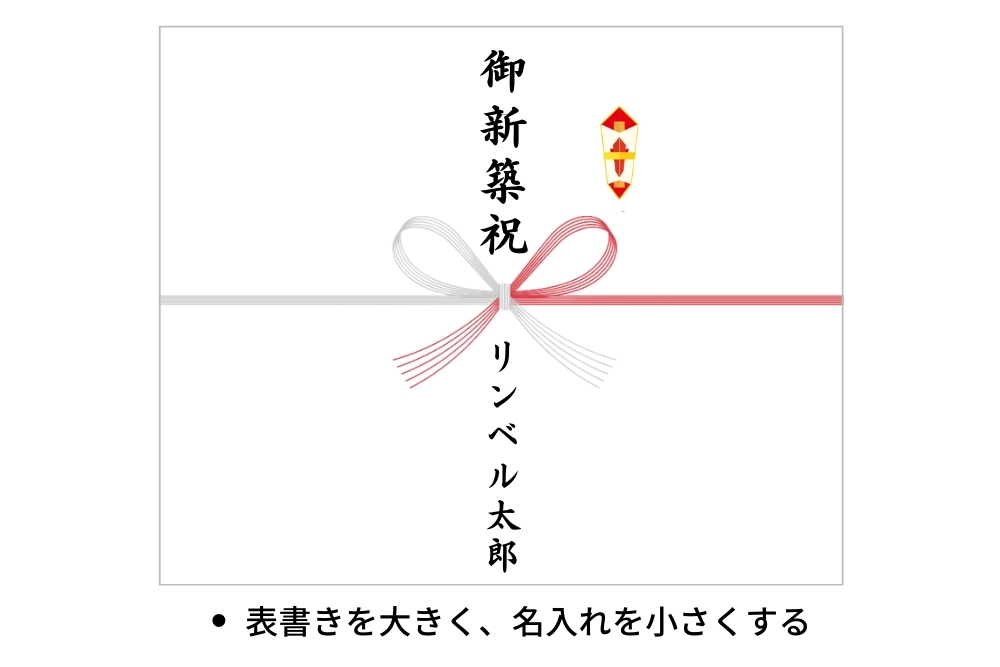 のし紙画像:蝶結び水引。右上に熨斗マーク、水引中央上に「御新築祝」水引中央下に「リンベル太郎」のし紙下に補足文「表書きを大きく、名入れを小さくする」