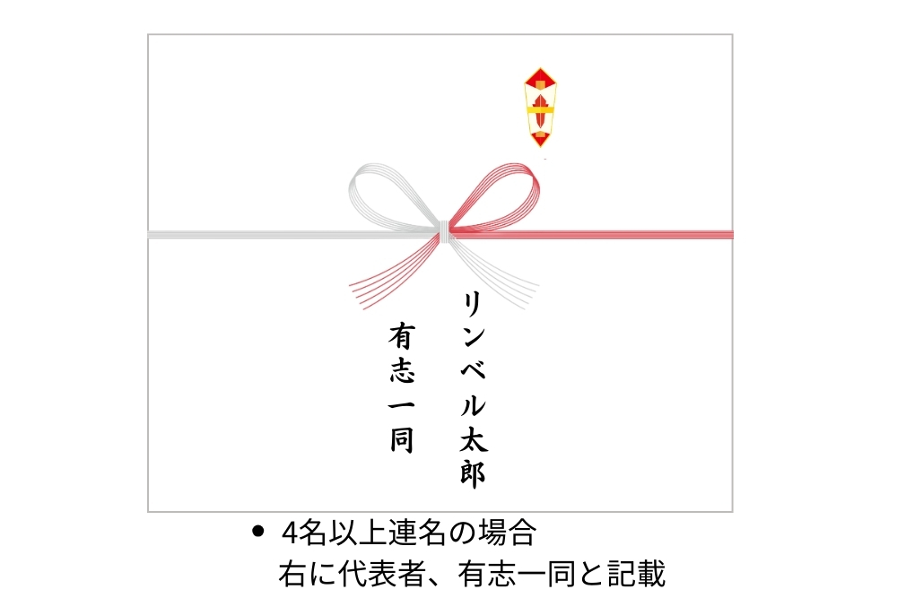 のし紙画像:蝶結び水引。右上に熨斗マーク。水引中央下に2行、天地中央揃えで名入れ。右から「リンベル太郎」「有志一同」のし紙下に補足文「4名以上連名の場合/右に代表者、有志一同と記載」